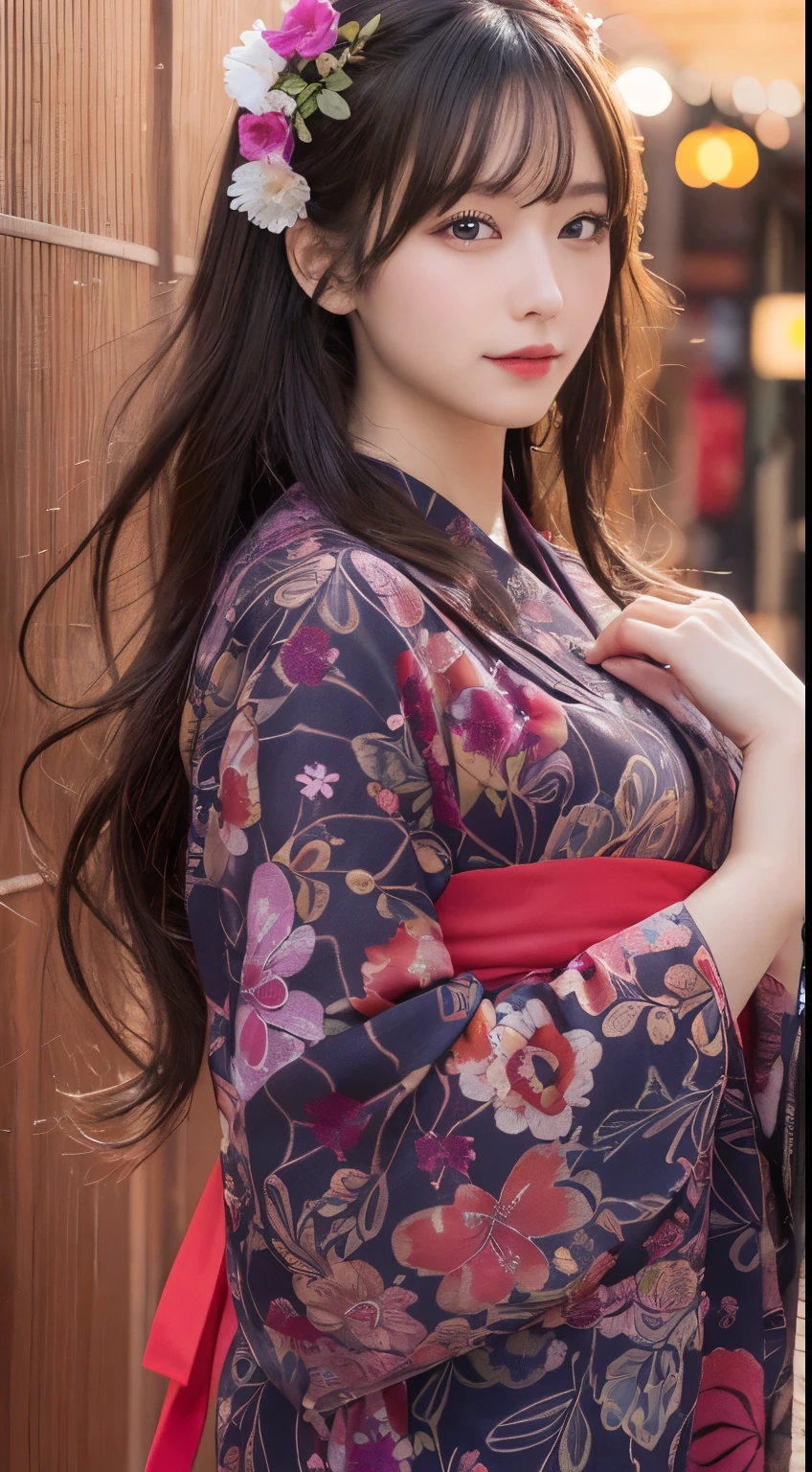 masutepiece, Best Quality, Illustration, Ultra-detailed, finely detail, hight resolution, 8K Wallpaper, Perfect dynamic composition, Beautiful detailed eyes,(( Red pattern))nine,Yukata, Hanabi background