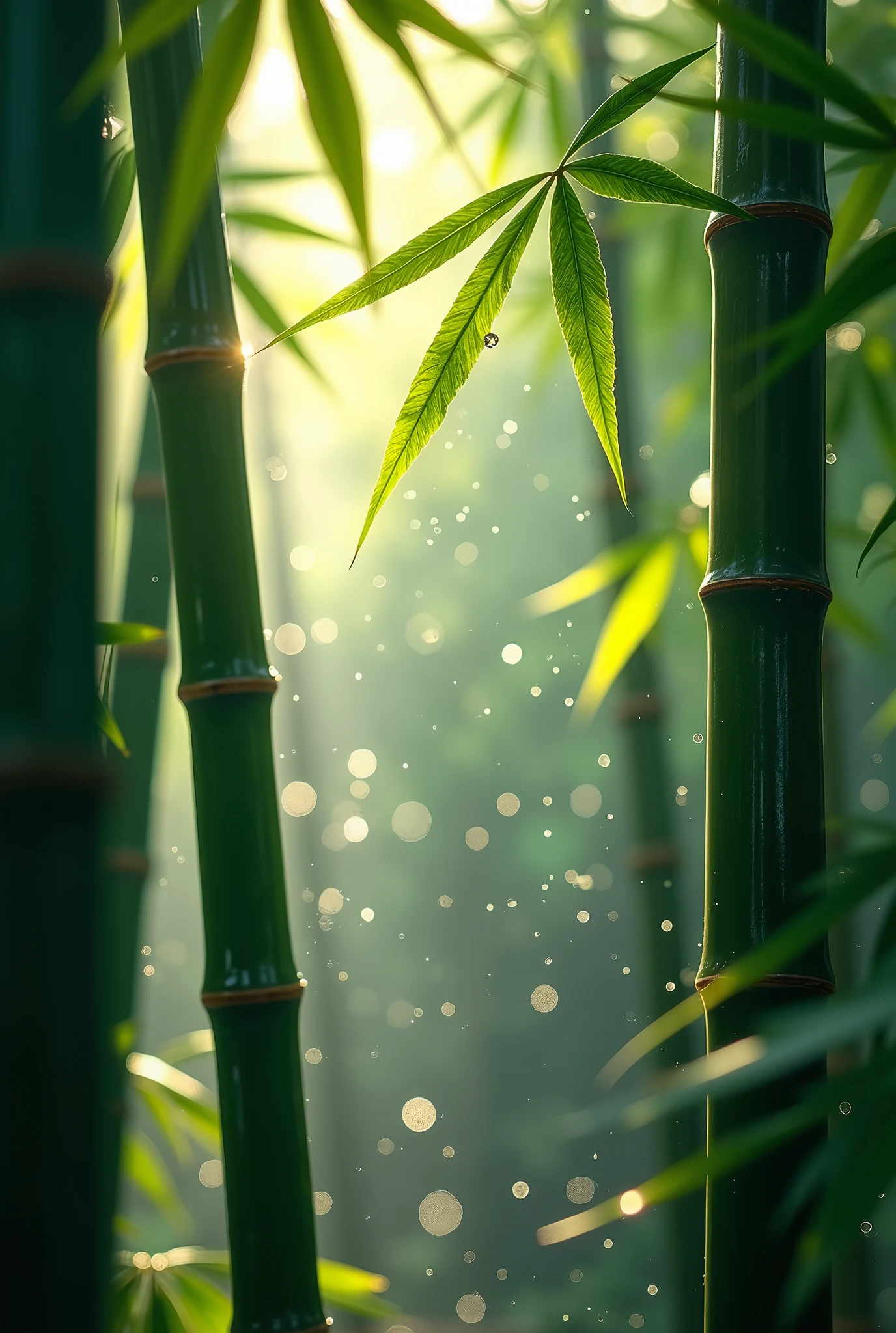 Create a visually stunning, ultra-realistic masterpiece in up to 16K resolution, capturing the rare and magical moment of a sunny rain in a tranquil bamboo forest, where water droplets abound. This soft color photograph focuses on the tall, slender bamboo stalks, which are now covered in countless droplets of rain that glisten as sunlight filters through the leaves. The image is ultra-detailed, with movie-like still imagery and dynamic angles that immerse viewers in this serene and fleeting scene.

Imagine the macro lens capturing each droplet with incredible precision, with some droplets splashing delicately off the bamboo leaves, creating tiny, shimmering sprays of water. The sunlight adds a sparkling effect to these splashes, enhancing the surreal, ethereal atmosphere of the scene. The combination of rain, light mist, and abundant water droplets gives the forest a fresh, vibrant appearance, while a subtle motion blur hints at the gentle movement of the bamboo and the cascading droplets.

This award-winning digital art piece is crafted with a focus on realism, featuring meticulously detailed textures and natural elements, all rendered in ultra-high definition with UHD and retina quality. The composition is perfectly designed, capturing the rare beauty of this sunny rain moment with a harmonious layout and flawless detail. The image maintains a natural, realistic feel, avoiding extreme angles or exaggerated expressions, and is enhanced with a subtle film grain and anti-glare effect for added depth. Every detail is captured with precision, making this artwork an epic, breathtaking portrayal of a bamboo forest bathed in sunlight and rain, where water droplets and splashes create a mesmerizing display of nature’s beauty.