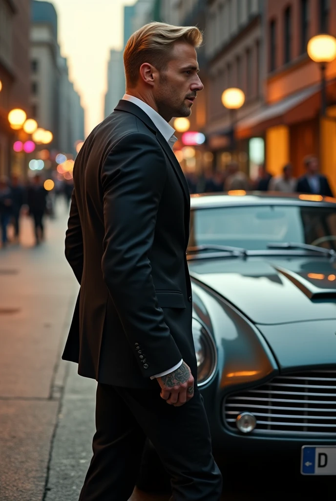Tall, blond man , suit dress , with tattoos getting into an Aston Martin