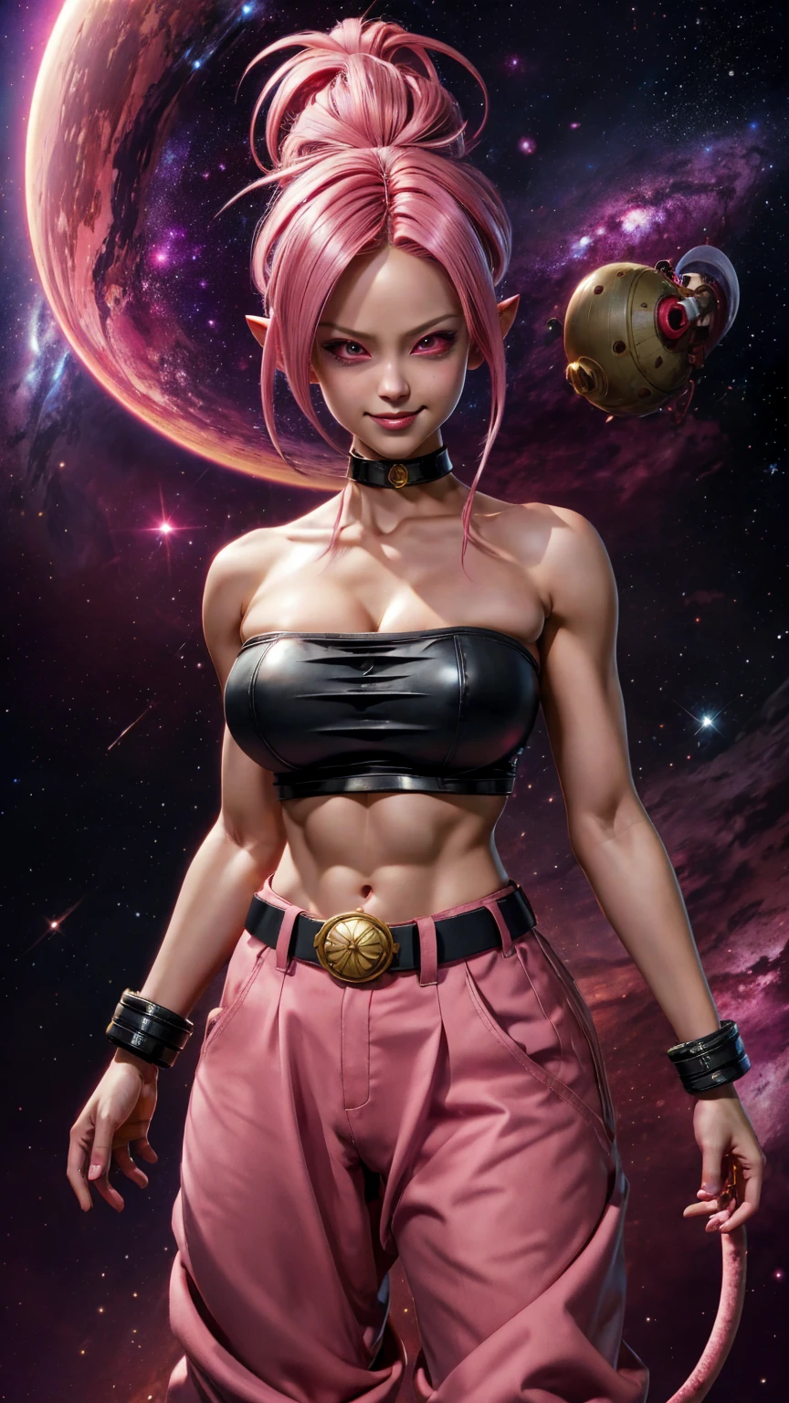 Fmajin,(pink skin:1.1),pink tentacle hair,smiling,(black sclera:1.2),red red eyes,tentacle hair,round ears,
baggypants,belt,black tube top,midriff,cleavage,bare shoulders,alien,M,shouler holes,
standing,no nose,
stars,space,milky way,
(insanely detailed, beautiful detailed face, masterpiece, best quality),solo,