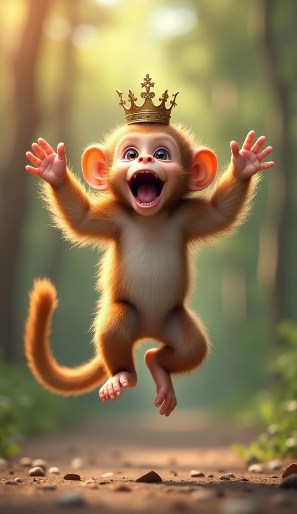 small and adorable monkey, with a crown on its head, jumping for joy