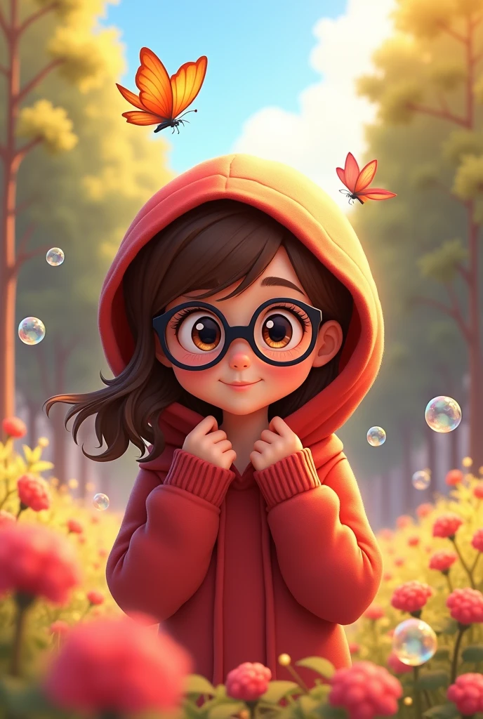 Animated girl
with a red sweater and medium-length hair and dark brown eyes and black glasses