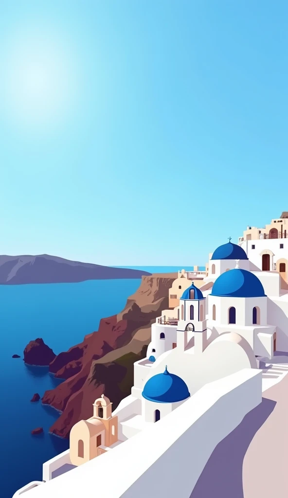 Minimalist, flat design, poster, santorini landscape, stunning, summer, blue sea, --ar 3:4 --s 250