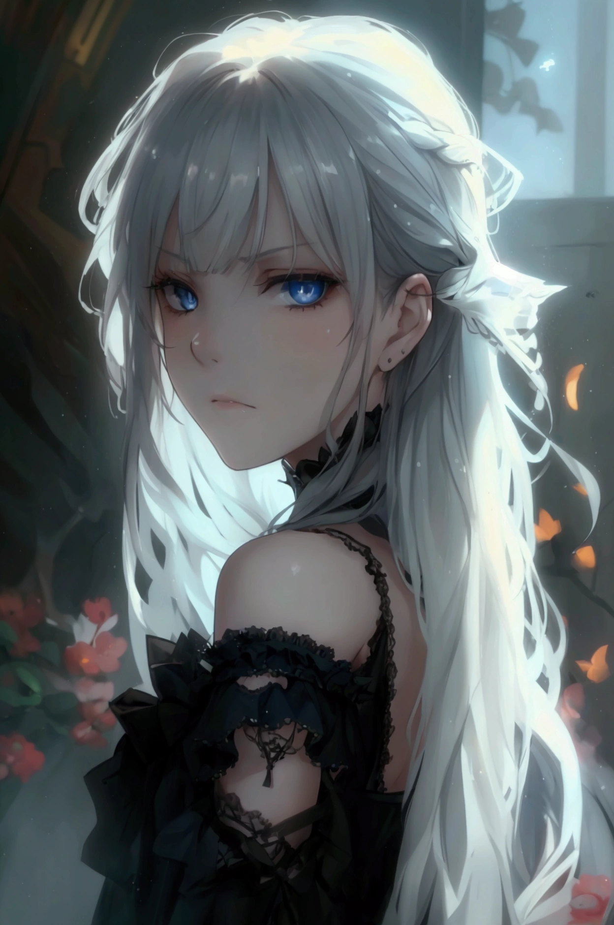 best quality, high resolution, nsfw, 1girl, pale skin, flat chest, silver long hair, messy gair, expressionless, dark blue eyes, bad mood, gothic lolita, see through,
