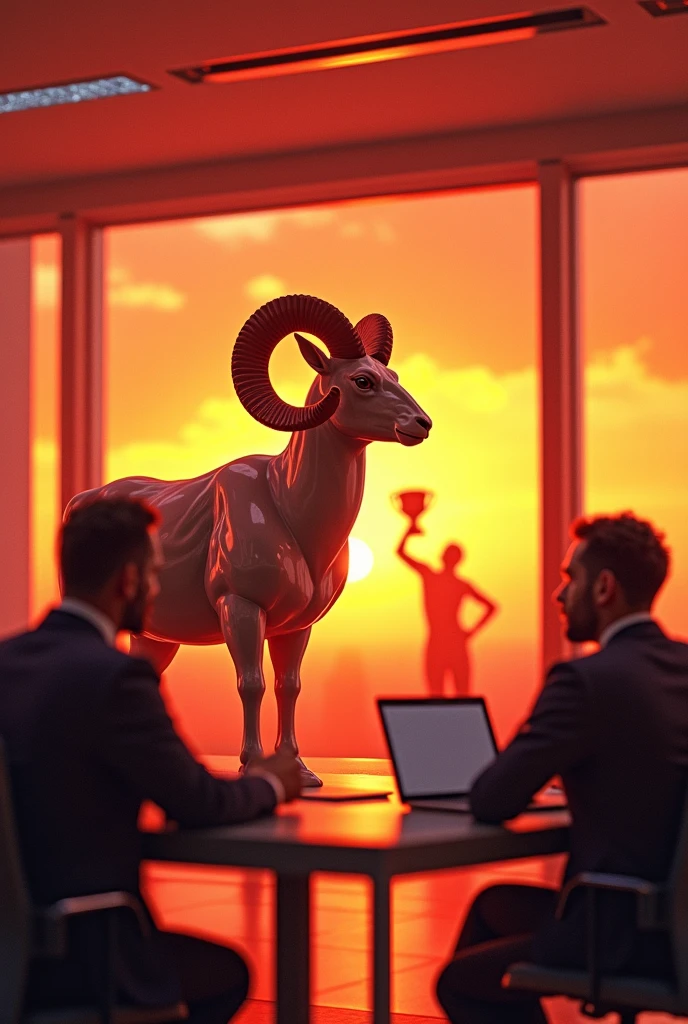 To create a realistic image based on the description, Consider the following:
1. **fund:** A dynamic background, like a modern office or a sports environment. Use shades of red and orange to reflect the energy and intensity associated with Aries..
2. **Main Elements:**
- **ram:** A realistic sheep, prominently positioned in the center. This must be portrayed in detail., with emphasis on his confident and imposing posture.
- **Leadership and Dynamism:** Include a person in business attire, standing in front of a team, leading a meeting or a presentation. The expression must be one of determination and confidence..
- **sports:** A realistic figure in a sporting environment, like an athlete lifting a trophy or running across a field. The action must be clear and vibrant.
- **Entrepreneurship:** A businessman in a modern office environment, analyzing growth charts or discussing strategies with your team. The image must convey innovation and strategic vision.
3. **enviroment:** The image must have a realistic and detailed environment, reflecting a challenging and innovative scenario, with lights and shadows that highlight the intensity and energy of the moment.
4. **detaileds:** Make sure to include realistic details like clothing., Facial expressions, and environmental elements to convey the competitive and proactive nature of Aries.