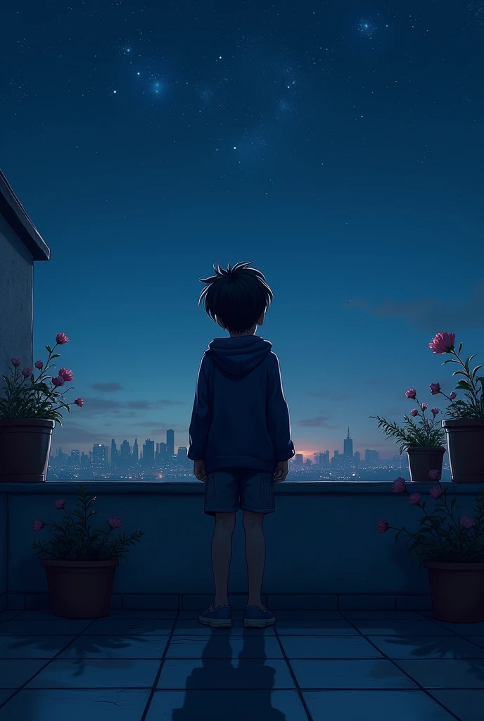 Boy stand on terrace at night alone