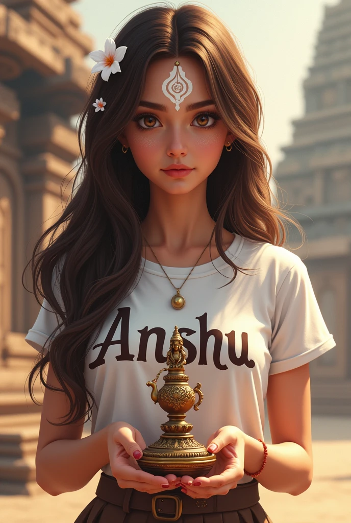 The image is a digital illustration of a young woman with long brown hair and a white flower in her hair. She is wearing a white t-shirt and has a white face paint on her forehead. The woman is holding a small statue of Lord Shiva in her hands and is pouring water from a brass teapot into the statue. The statue is placed on a pedestal and the background is blurred, but it appears to be an ancient temple or temple complex. The image has a peaceful and serene atmosphere. The word "Riya" is written in t-shirt bold size.