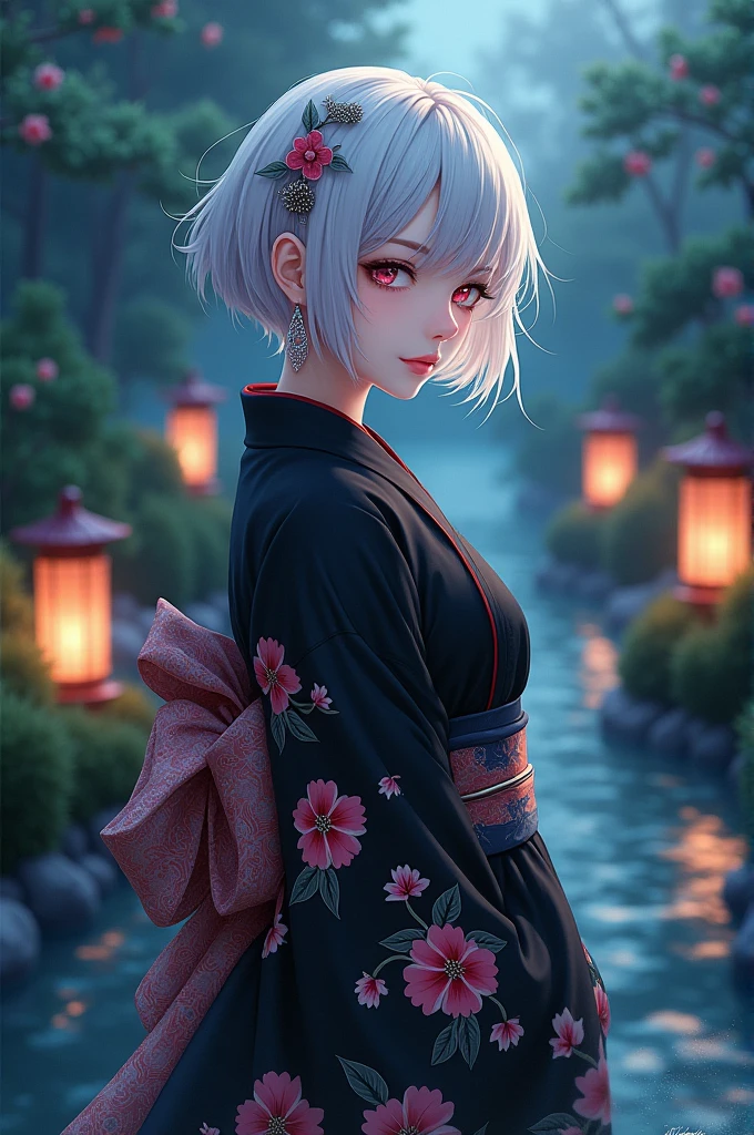 A woman with short white hair wearing a black anime-style kimono.