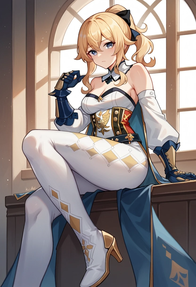 1 girl, Jean Gunnhildr, Genshin impact, strapless shirt, long blue tailcoa, pair of separate white sleeves, short blue and gold cloak attached to a white collar, white tights embroidered with a gold diamond-dot pattern, a pair of white high-heeled knee-high boots,a pair of blue gauntlets. Her shirt is white with red sections and black and gold trim, and there is a golden Knights of Favonius crest on the front. Her Vision hangs off her belt at her back on her left, facing away from viewer, looking out a window