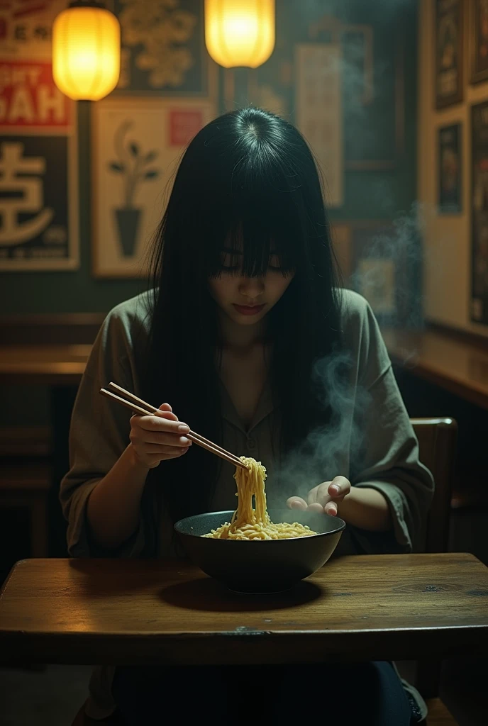 Sadako Yamamura eating ramen。