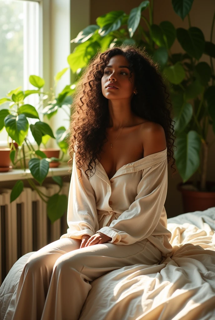 (photorealism:1.2), beautiful woman, sitting on bed, wearing loose off-shoulder top, pajama pants, long curly hair, indoors, soft lighting, plants in background, window with sunlight, cozy room, relaxed pose, realistic, intricate details, warm colors, by Greg Rutkowski, by Alphonse Mucha