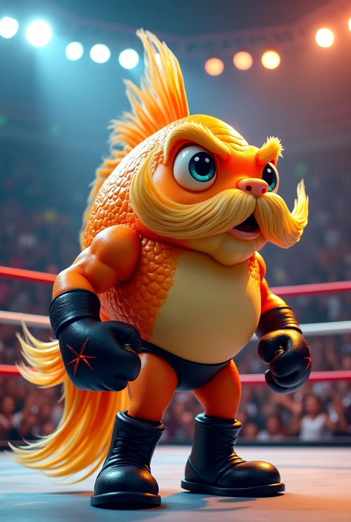 Cartoon goldfish dressed like WWE wrestler Goldberg with blond mustache and goatee, a bald head and wearing black gloves, boots, and trunks 