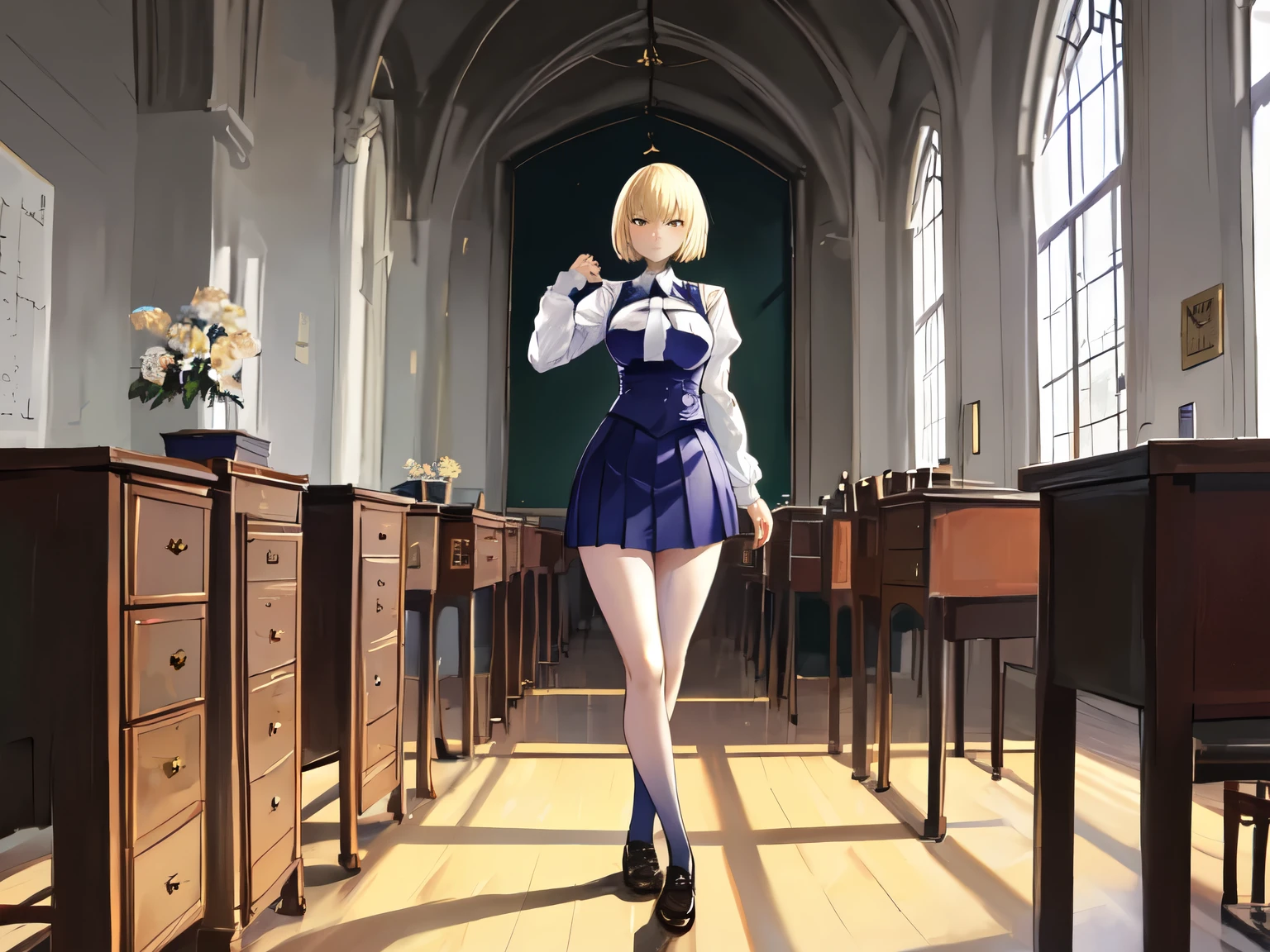 Arcueid Brunestud, full body, short blonde hair, angry expression, high school girl standing with a confident pose, classroom background, 4K, large breasts.