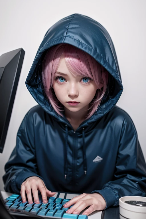 mika pikazo, 1 girl, blue colored eyes, blue hooded cloakie, computer, aretes, hooded cloak, hooded cloakie, jewerly, keyboard (computer), logo, logo parody, mouse (computer), multi colored eyes, pink hair, recycle bin, standing alone, white background, yellow eyes, ,