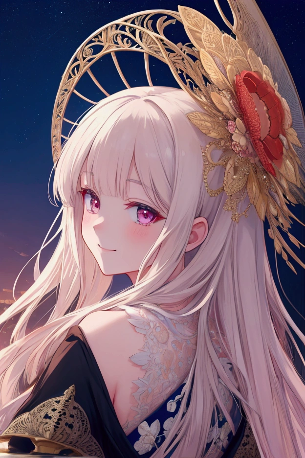 masterpiece, hyper detailed, insanely detailed, best quality, high quality, exquisite, beautiful, detailed, ultra detailed, FHD, Full-HD, woman, blissful, happy, shy, delightful, smiling, cel anime, hard-edged, looking back, looking up, at night