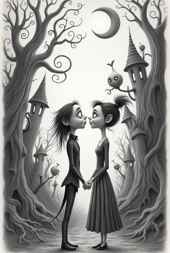 A Tim Burton style pencil drawing with a romantic touch