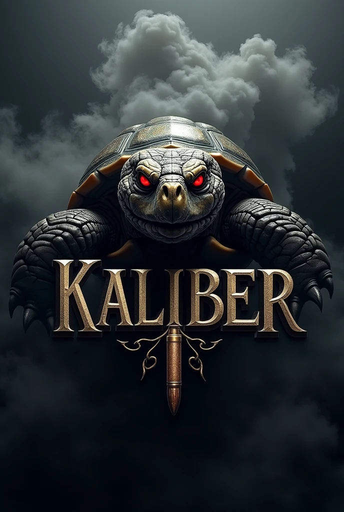 Red eyed turtle logo with the word kaliber below it with a bullet the letter E and smoke in the background