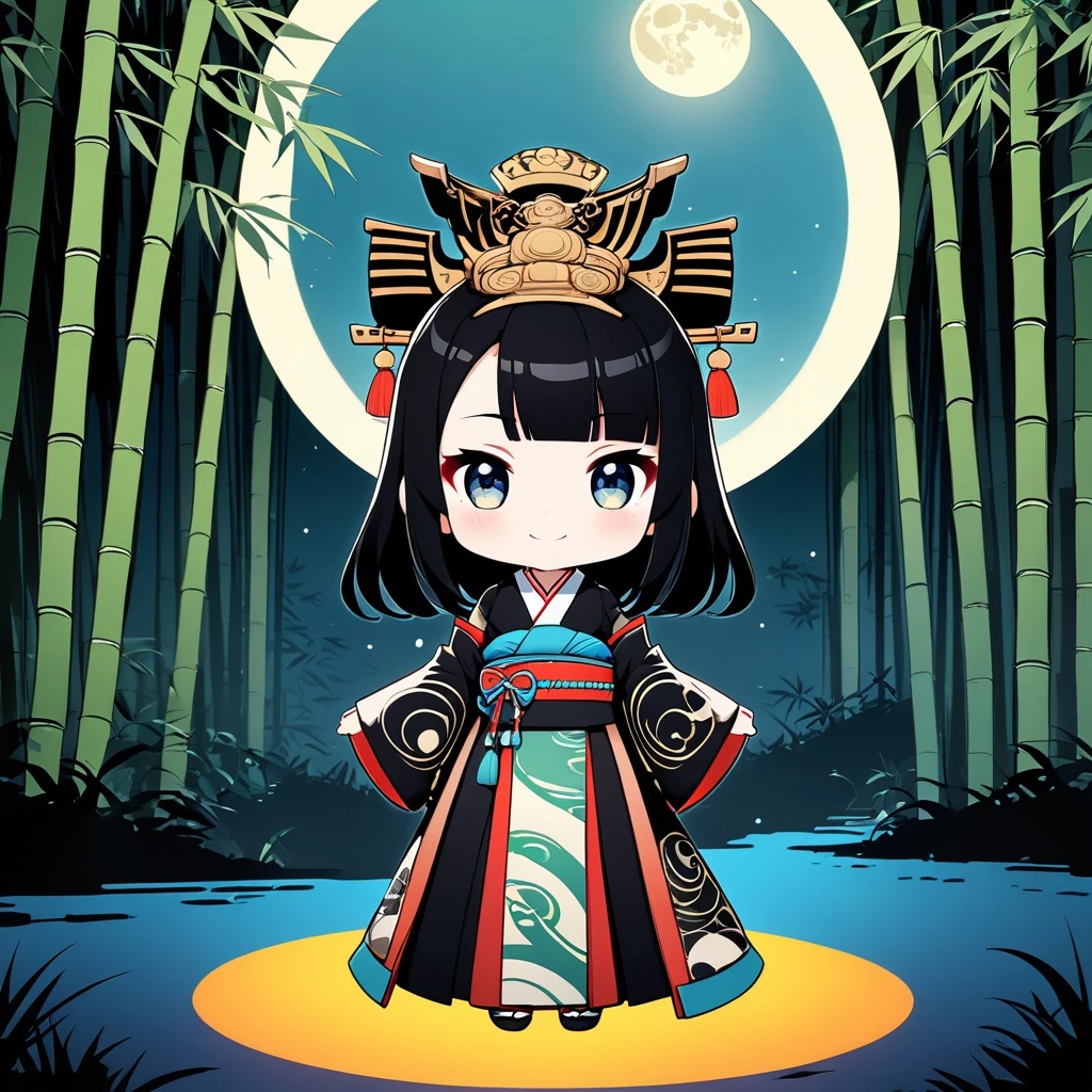 ultra-small deformation, Chibi Cute, 1girl, solo, full body, black long hair, Princess wearing Twelve-layered kimono of the Heian period in Japan, smile, High contrast and vivid color, background is Bamboo Forest, Full moon night, Generated in SFW