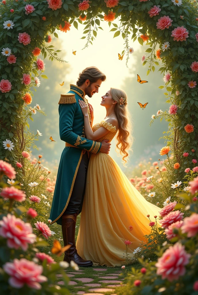Beautiful flowers yard in wonderland blonde hair princess kissing perfect tall and handsome prince hand