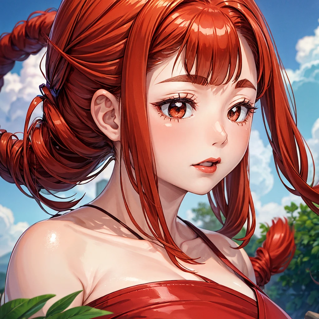 (masterpiece),(best quality:1.0), (Ultra-high resolution:1.0), Detailed description, 8K, Japanese cartoons, 1 Girl, beautiful Japanese cartoons girl, Wearing a red dress, corolla, Pretty Face, Delicate face, beautiful eyes, Delicate eyes, Crimson eyes, Bright red lips, Red lipstick, Beautiful and stylish hair, Hair highlights, bangs Japanese cartoons style, best quality, Energetic