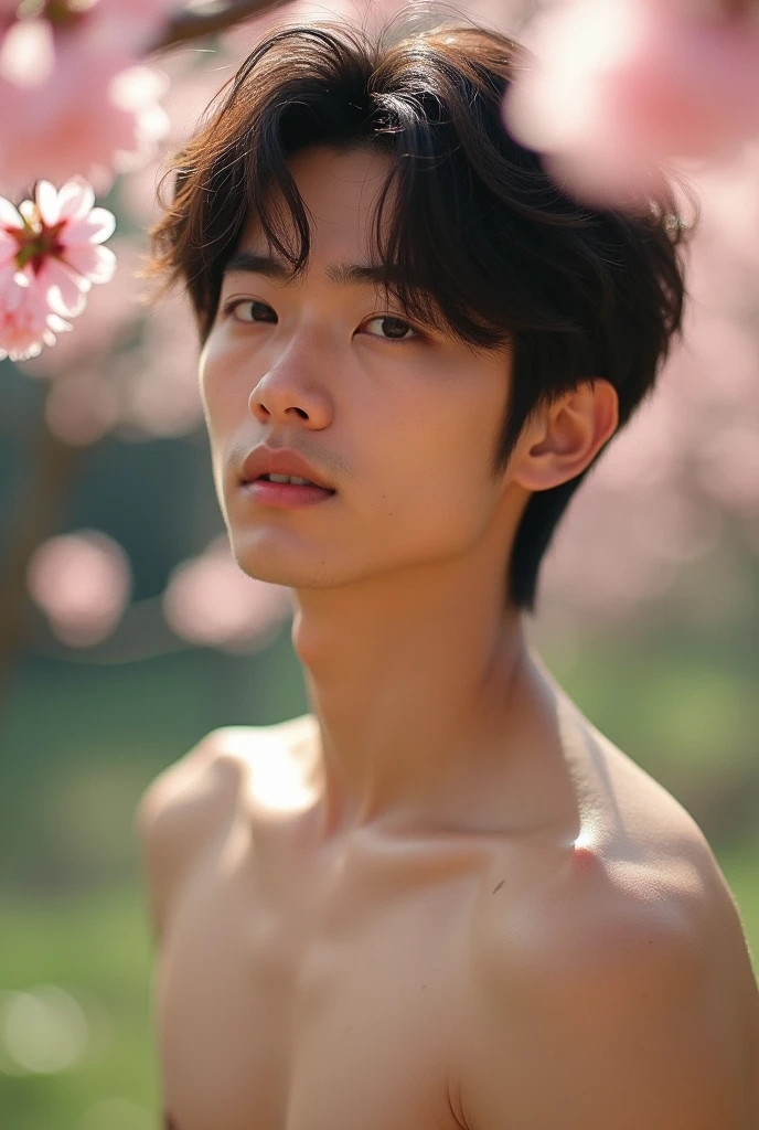 Shirtless Japanese in natural light、Chest close-up and calm expression.、It represents her inner peace and outer charm..。