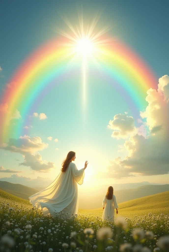 An image showing a rainbow symbolizing God's covenant with man and something representing God and man