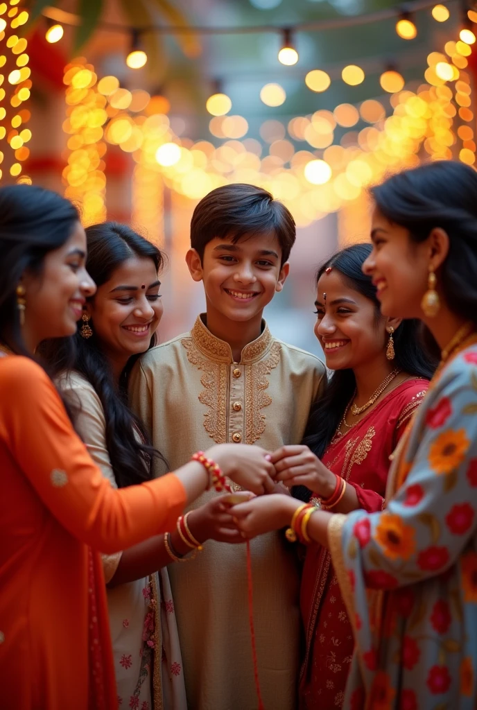 Generate a rakshabandhan image one boy and  four Girls
Boy is age of 19 and sisters are above 20