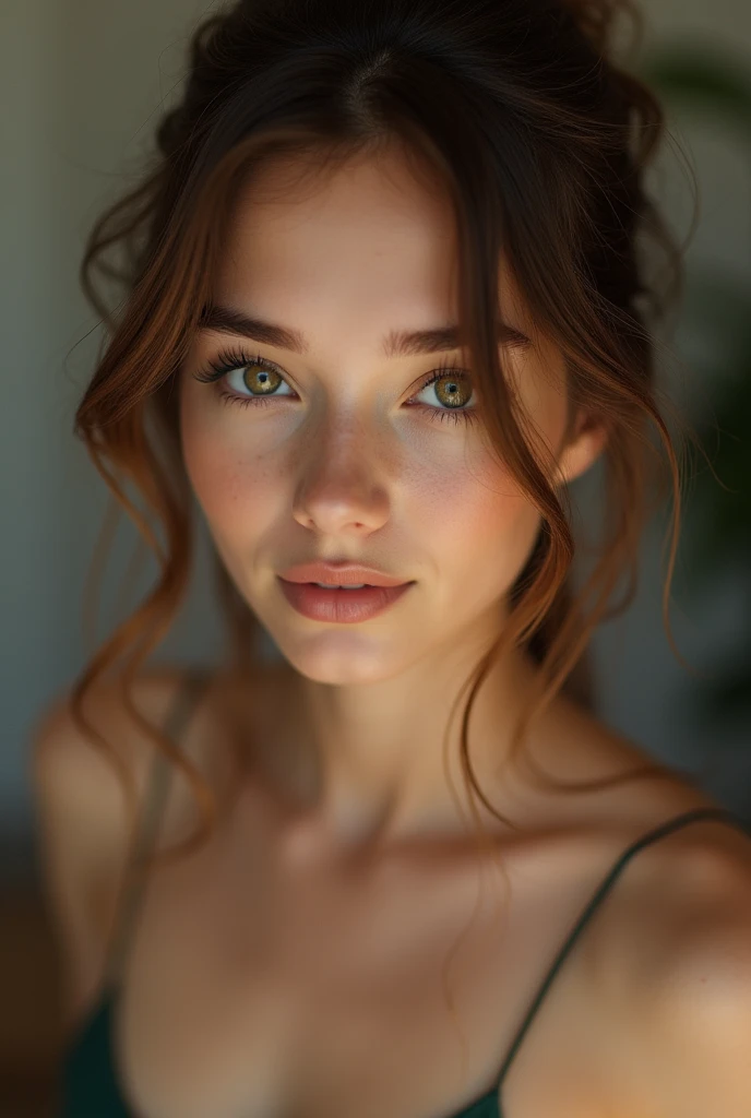 pretty of , cum in the face, slender figure, photo taken from above, face detailed, gorgeous eyes, long eyelashes, cute expression, cozy living room, photorrealistic, 4K, naked without clothes