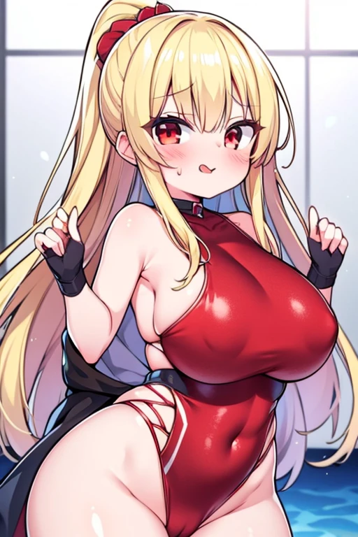 One person, High resolution, Anatomically correct, Textured skin,Large Breasts, Blushing, Open your mouth, Sticking out tongue, Long Hair, Blonde, Red eyes, saliva, Swimsuit