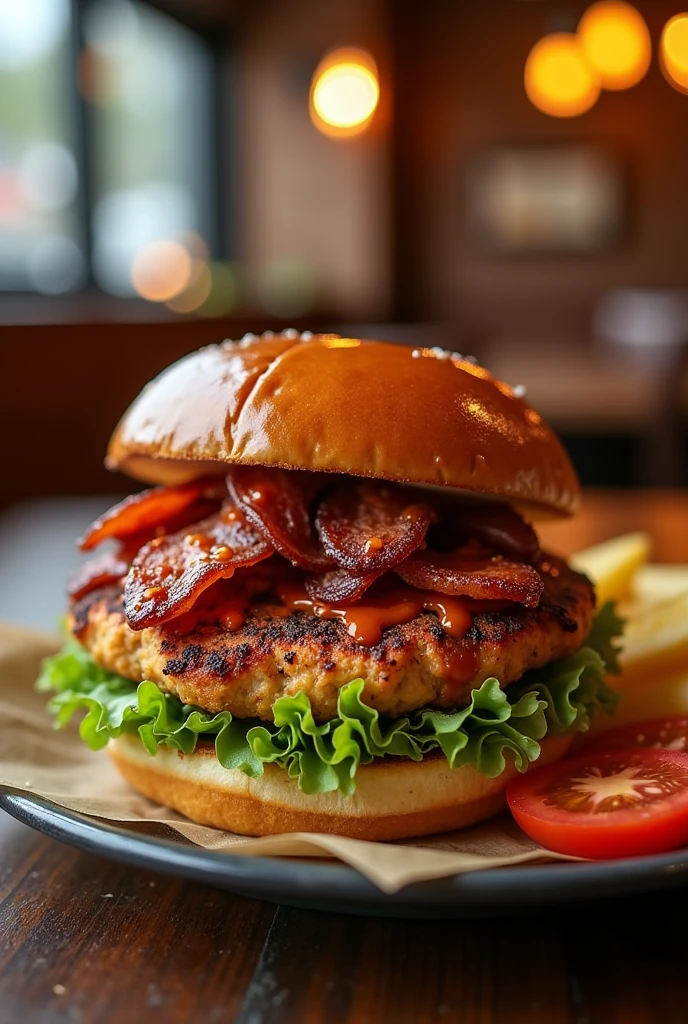 A burger with 150 grams of chicken; bacon ; Salsa BBQ