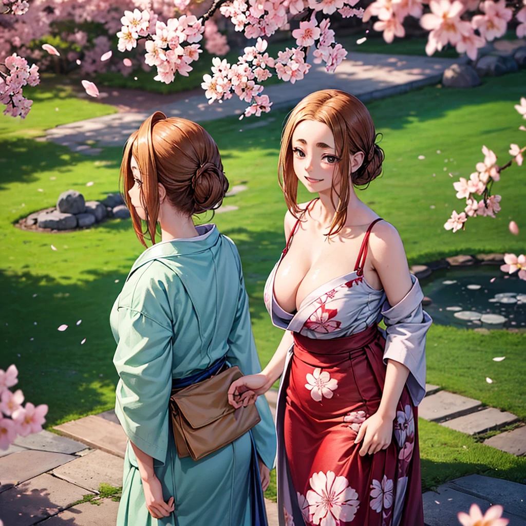 ((best quality)), ((masterpiece)), ((Practical)), A flawless girl stands in a peaceful Japanese garden,Cherry blossoms in full bloom can be seen at eye level, landscape, masterpiece, (high resolution), The original, extremely detailed 8K , (photoPractical:1.4),Flawless face, Perfect eyes,Symmetrical body shape,Smile,