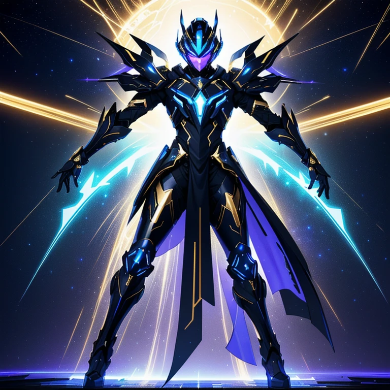 Mostre o capacete que esta na imagem.. The image presents a highly detailed and futuristic armor designed for a male warrior. The armor combines elements from different parts to create a cohesive and powerful look.
Helmet: The helmet features a sleek, aerodynamic design with a golden metallic finish. It has a central crest that rises upwards, and the visor glows with a bright blue light, giving it a high-tech, futuristic appearance.
Pauldrons (Shoulder Pads): The shoulder pads are large and wing-like, curving outward and upward, with a polished golden finish. These pads extend slightly beyond the shoulders and include a sleek, angular design, providing both a majestic and powerful look.
Chest Plate: The chest plate is intricately segmented, with a combination of gold and dark metallic blue. It has a gem-like crystal in the center that emits a soft, mystical glow. The design of the chest plate is both protective and regal, with sharp, angular lines that add to the overall futuristic aesthetic.
Arm Guards: The arm guards are sleek and streamlined, with articulated golden and purple segments that offer flexibility and protection. The design of the gauntlets is both robust and elegant, incorporating futuristic elements that blend with the classic style.
Leg Armor: The legs are armored with segmented plates that are primarily gold and purple. The boots are angular and sturdy, with a design that conveys both strength and agility. The overall look of the leg armor is grounded yet sleek, completing the ensemble with a powerful stance.
The background of the image is a dark cosmic scene, filled with distant stars and nebulae that highlight the polished surfaces of the armor. Dynamic lighting is used to emphasize the key features, particularly the glowing visor and central chest gem, reinforcing the mystical and imposing nature of the warrior.