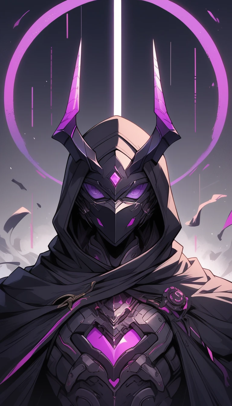 1 boy,muscles,black hair,hair between eyes,messy hair,black armor,machina,horns,headgear,full armor,[purple] colour trims,([purple]:1.2),neon array trims,black metal armor,(grey skin:1.2),black colour halo,tail coat,standing,black hood,cloak,solo,mask,face mask,closeup,detail face,purple neon,floating