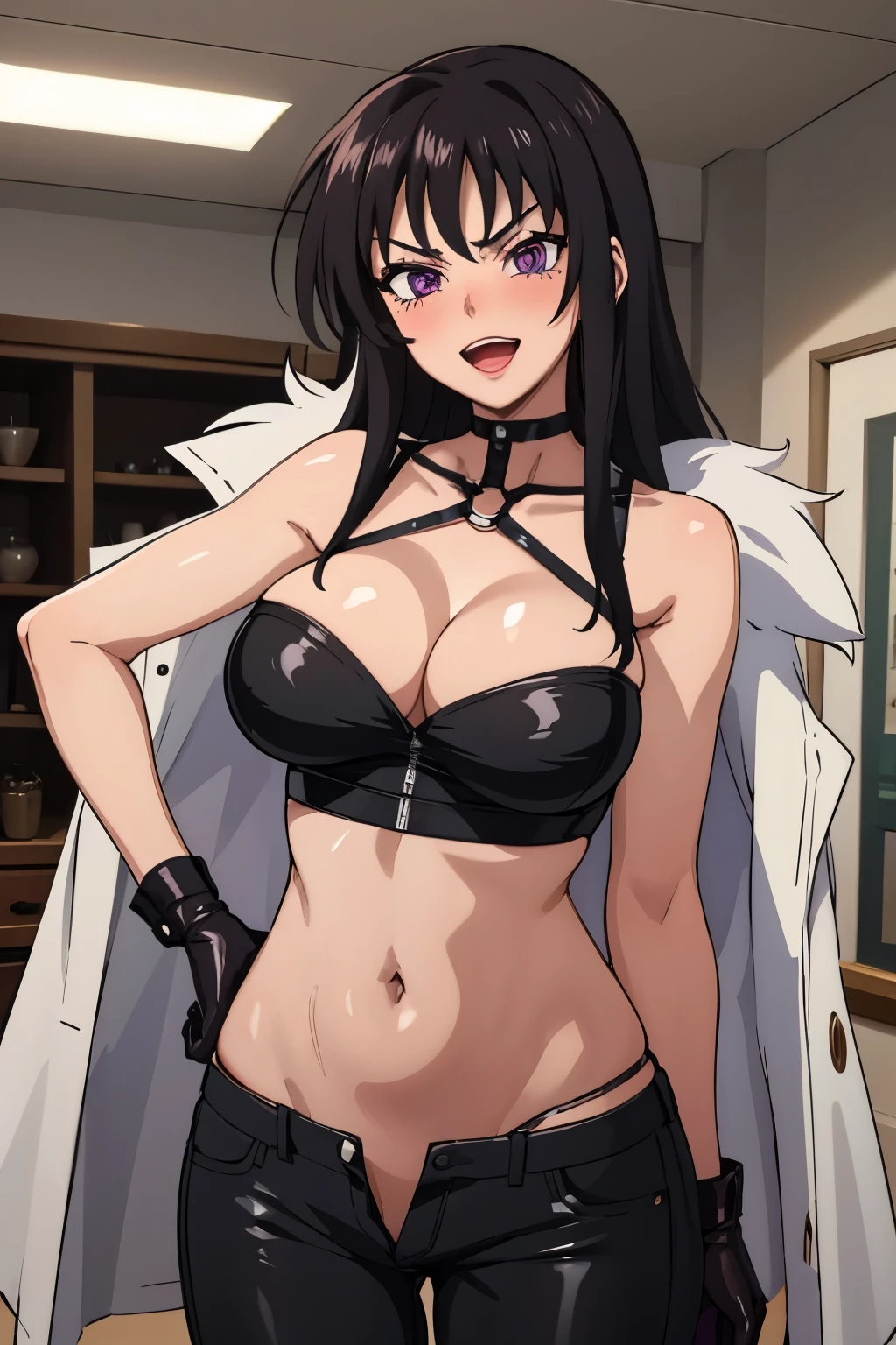 aaraynare, long hair, purple eyes, black hair, standing, blush, lipstick,  mall, shopping center,indoors, blush, lipstick, jewelry, earrings, Hot girl, baddie, mean girl, sensual, attractive, fur trim, mature female, gloves, fur-trimmed coat,,  masterpiece, best quality, highly detailed, a girls with a gun, evil smile , open mouth, sexy gaze, badass pose , evil smile, smile, guns blazing, anime girl with long hair, beautiful long haired girl, navel, evil expression, exposed belly, exposed navel, exposed midriff, exposed lower belly, long black pants, crop top, cleavage, unbuttoned leather pants ,open fly, low rise black leather pants, leather jacket, holding a gun,