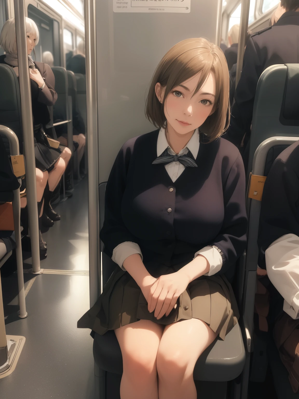 ((Highest quality,High resolution,Very detailed)), (Sharp details, Written boundary depth), real photo style, Mature Woman, ((Sit facing forward)), sitting on a long train seat, Sitting on the seat, posing for a commemorative photo, ((Chair to sit under skirt)), View from the opposite seat, Inside a commuter train, The back of the woman&#39;s head is against the window glass., Slightly low angle shot, ((Holding the hem of her skirt with her hands)), Summer knit dress with cut-out neckline, Exquisite and sophisticated features, Confused expression, Black Hair, Japanese women, Dark brown eyes, double eyelid, , She wears sexy white lace panties over her tights, Tights in tights。