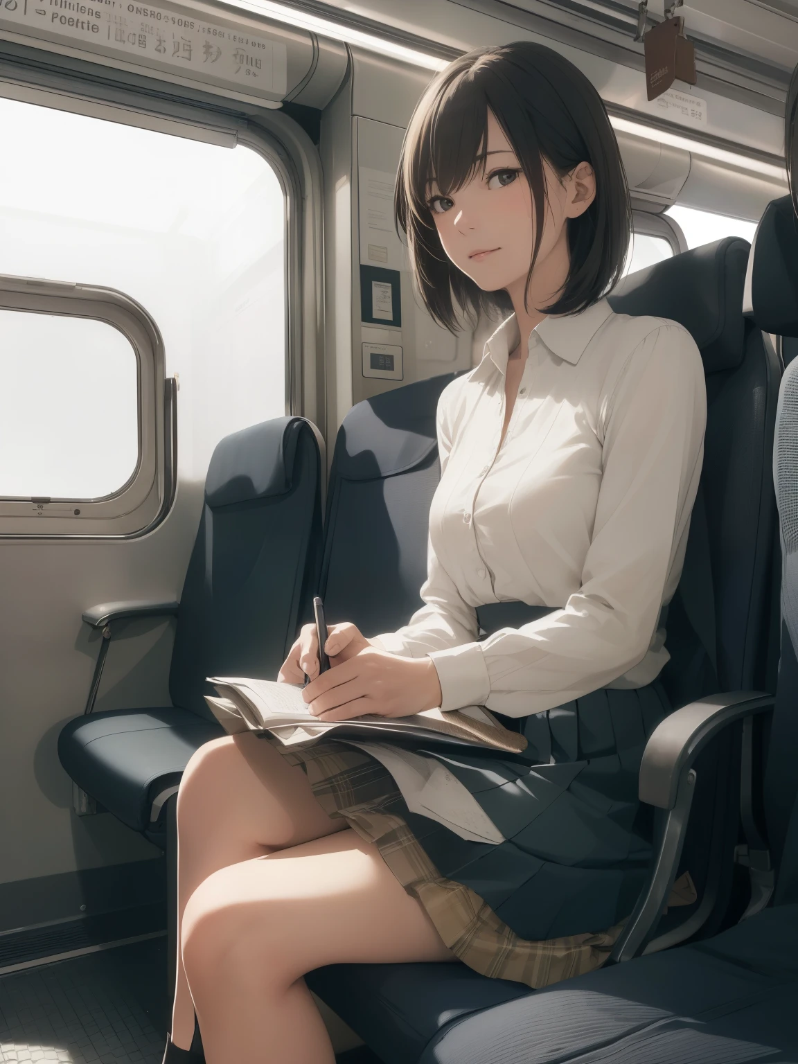 ((Highest quality,High resolution,Very detailed)), (Sharp details, Written boundary depth), real photo style, Mature Woman, ((Sit facing forward)), sitting on a long train seat, Sitting on the seat, posing for a commemorative photo, ((Chair to sit under skirt)), View from the opposite seat, Inside a commuter train, The back of the woman&#39;s head is against the window glass., Slightly low angle shot, ((Holding the hem of her skirt with her hands)), Summer knit dress with cut-out neckline, Exquisite and sophisticated features, Confused expression, Black Hair, Japanese women, Dark brown eyes, double eyelid, , She wears sexy white lace panties over her tights, Tights in tights。