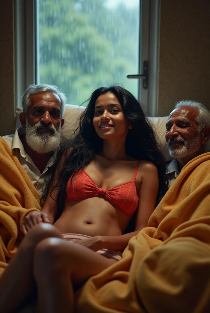 hot Indian girl in ?????? sleeping with  group of  old man on a rainy day hot hugging bed 