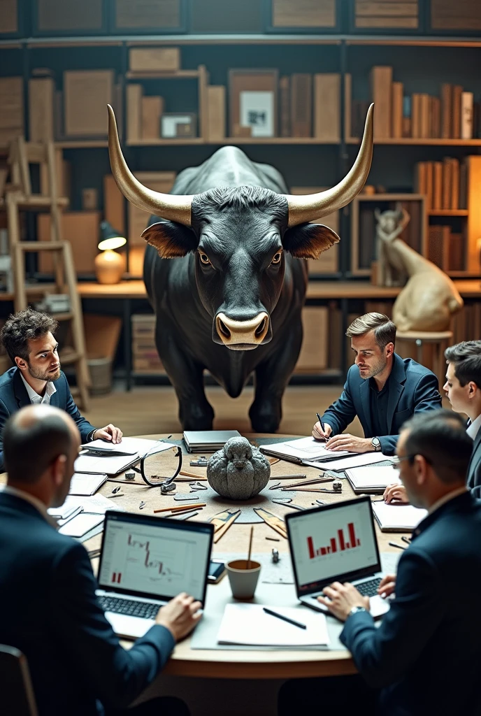 1. **fund:** An environment that conveys stability and practicality. It could be a financial office, an administration environment or a fine arts studio.

2. **Main Elements:**
   - **bull:** A realistic bull, symbolizing persistence and strength. It can be in a static and imposing position, reflecting stability and robustness.
   - **finance:** Include a figure in a financial environment, such as a professional analyzing charts or working at an office desk with documents and computers. The expression should convey focus and competence.
   - **administration:** Show an individual managing a team in a corporate environment, with elements such as meetings and spreadsheets that symbolize organization and structure.
   - **plastic arts:** Add a person working in an art studio, painting or sculpting. The environment should be well organized, reflecting practice and dedication.

3. **enviroment:** The setting should be realistic and well-structured, destacando a praticidade e a estabilidade associadas a bull. Use adequate lighting to reflect a serious and committed work environment.

4. **detaileds:** Include details like professional clothes, expressões de concentração e os elementos específicos de cada área de trabalho para destacar a dedicação e o comprometimento de bull.