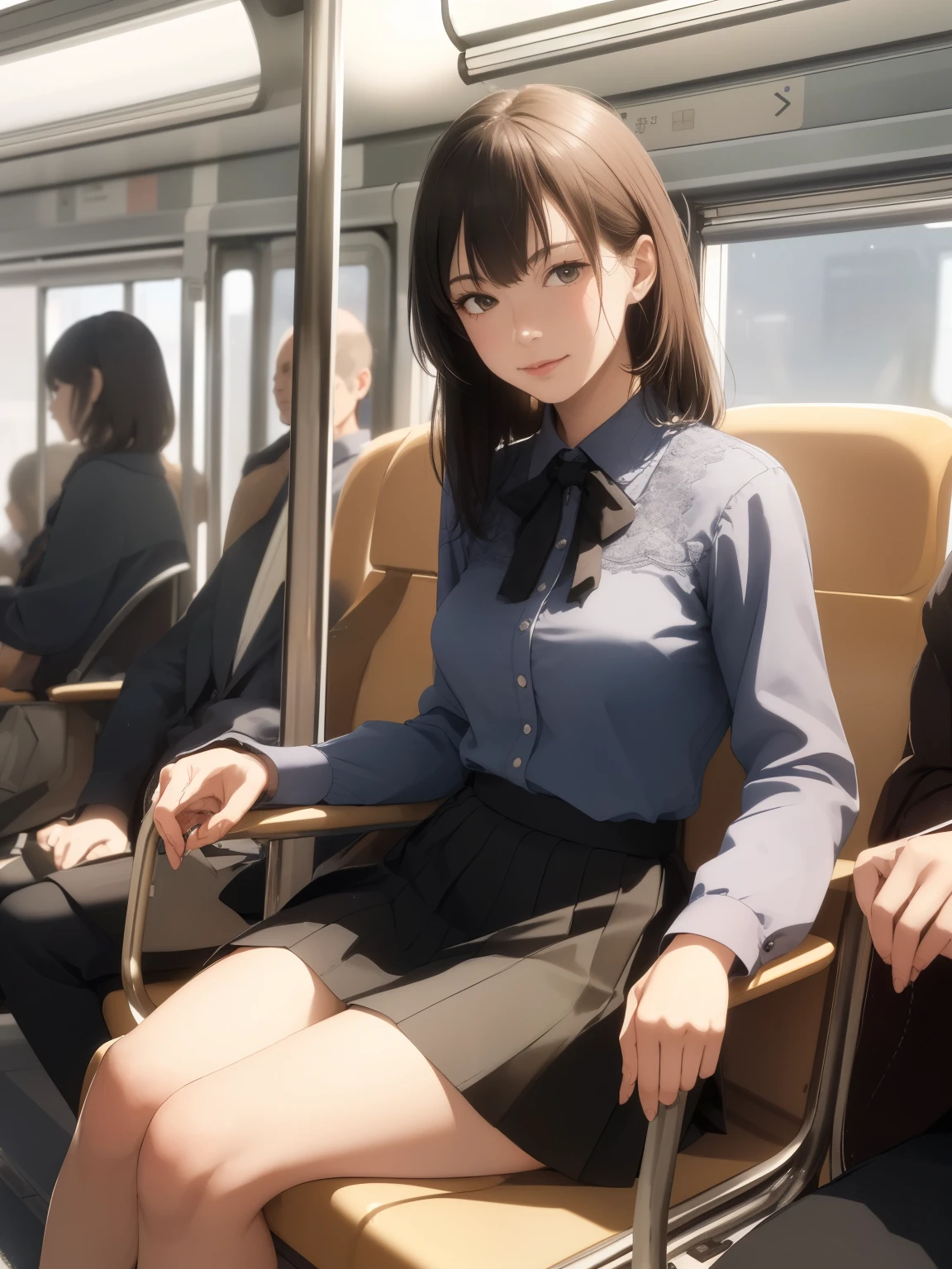 ((Highest quality,High resolution,Very detailed)), (Sharp details, Written boundary depth), real photo style, Mature Woman, ((Sit facing forward)), sitting on a long train seat, Sitting on the seat, posing for a commemorative photo, ((Chair to sit under skirt)), View from the opposite seat, Inside a commuter train, The back of the woman&#39;s head is against the window glass., Slightly low angle shot, ((Holding the hem of her skirt with her hands)), Summer knit dress with cut-out neckline, Exquisite and sophisticated features, Confused expression, Black Hair, Japanese women, Dark brown eyes, double eyelid, , She wears sexy white lace panties over her tights, Tights in tights。