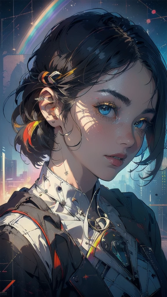 (((masterpiece, highest quality))),(((solo:1.2))),(((1girl:1.2))),32k wallpaper, very detailed, poster, vintage science fiction,(((((geometric cinematic movie poster))))), ((((bauhaus)))),(((abstract))),((((mid century modern)))),(((((portfolio))))),(((((Close-up))))),(((((bust up))))),((((more various angle)))),(((highlight))),((((heterochromia)))),(((complete. detailed face))),(((Extremely talented))),(((most complecated machine))),(((Overall colorfully))),((((((Absolutely Fantastic background)))))),(((amazing huge rainbow))),(((spectrum)))