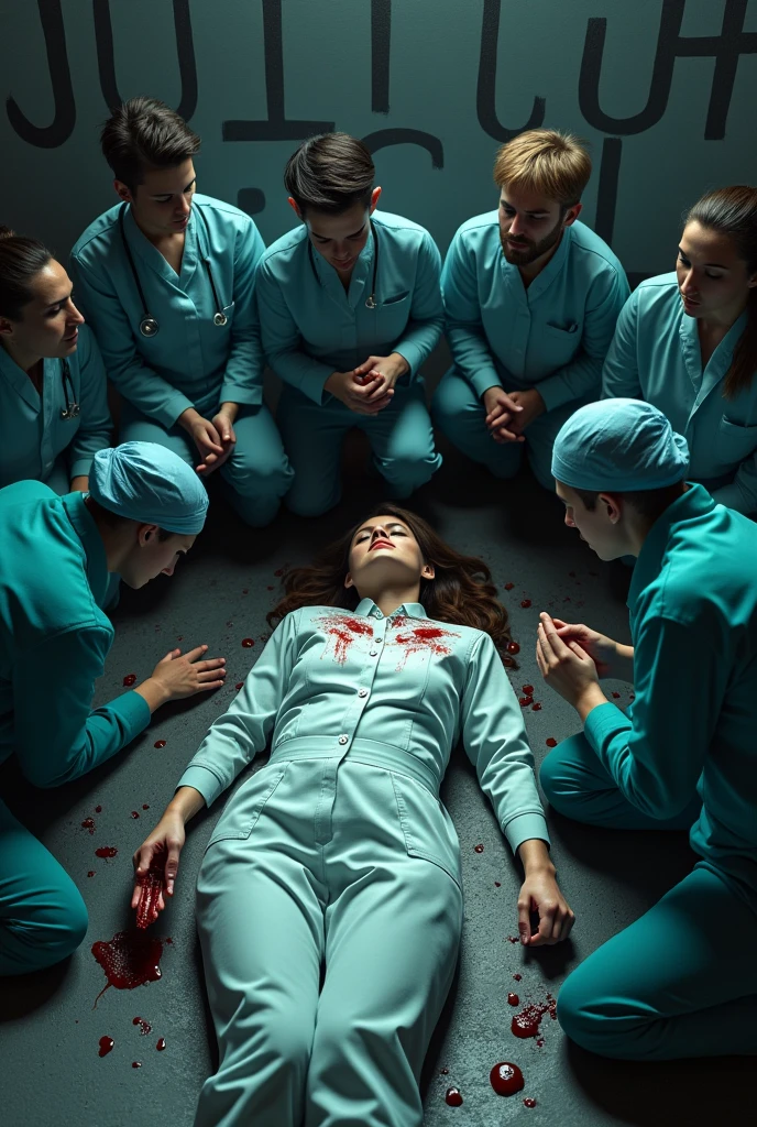 A tragic scene where a female doctor lies on the ground, lifeless, with blood seeping from her head and hand. Surrounding her are other doctors, sitting nearby in deep sorrow and shock. In the background, the words 'Justice For Doctor' are boldly written in large, impactful letters, emphasizing the urgent call for justice in this somber and emotional 3D scene