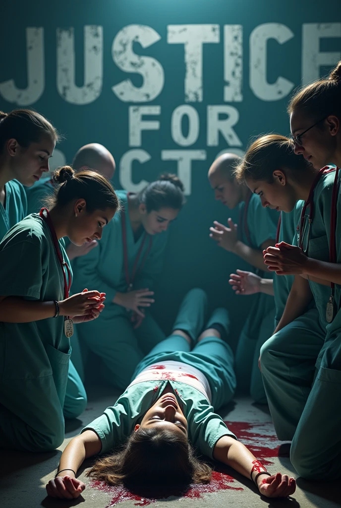 A tragic scene where a female doctor lies on the ground, lifeless, with blood seeping from her head and hand. Surrounding her are other doctors, sitting nearby in deep sorrow and shock. In the background, the words 'Justice For Doctor' are boldly written in large, impactful letters, emphasizing the urgent call for justice in this somber and emotional 3D scene