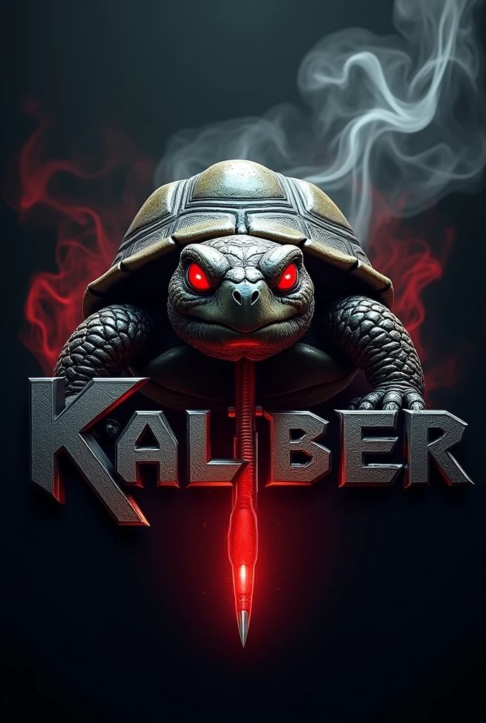 Red eyed turtle logo with the word kaliber below it with a bullet going through the letter E and smoke in the background