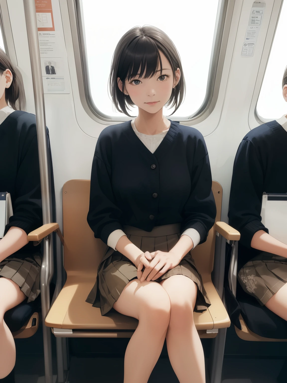 ((Highest quality,High resolution,Very detailed)), (Sharp details, Written boundary depth), real photo style, Mature Woman, ((Sit facing forward)), sitting on a long train seat, Sitting on the seat, posing for a commemorative photo, ((Chair to sit under skirt)), View from the opposite seat, Inside a commuter train, The back of the woman&#39;s head is against the window glass., Slightly low angle shot, ((Holding the hem of her skirt with her hands)), Summer knit dress with cut-out neckline, Exquisite and sophisticated features, Confused expression, Black Hair, Japanese women, Dark brown eyes, double eyelid, , She wears sexy white lace panties over her tights, Tights in tights。