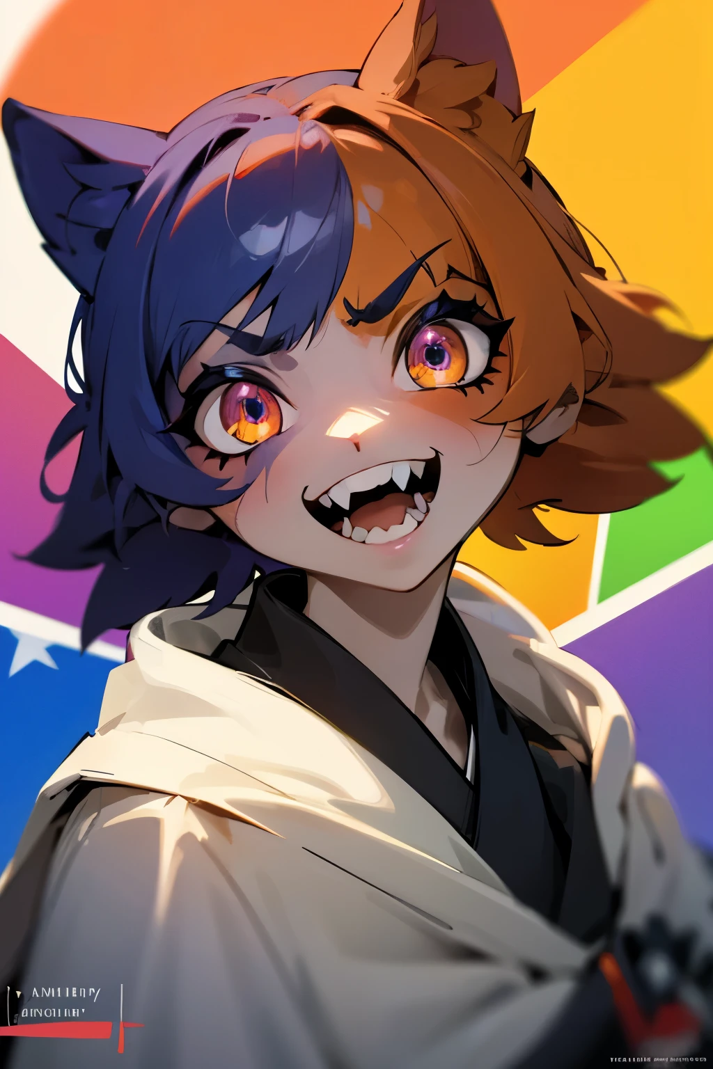 master masterpiece, 4k, highly detailed, HDR, subsurface scattering, cinematic light, (beautiful detailed eyes:1.6), extremely detailed face, 1 girl, cat ears, meowskulls, short hair, messy hair, multicolor hair, goth robe, robe, calico cat fur, Neko, vitiligo, neon ambar eyes, swirling pupils, multicolor skin, sharp teeth, large smile, Clear focus，hard lighting，vivd colour