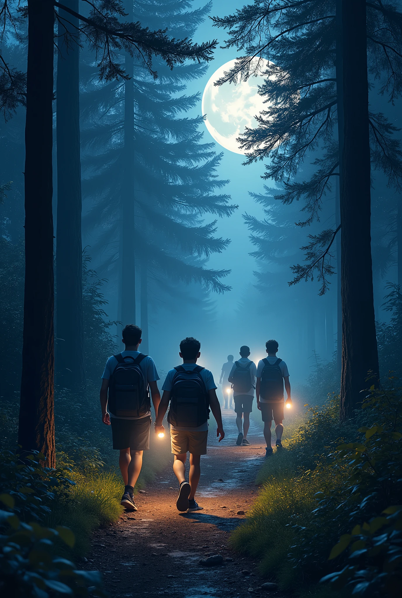 A  old boy with his friends walk in the forest in night