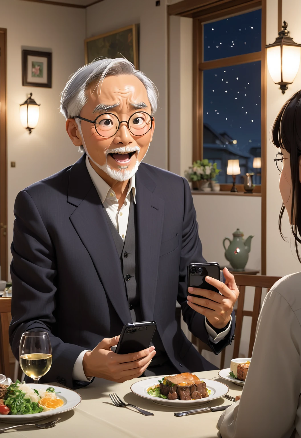 /imagine prompt: A man excitedly announces his marriage news on his phone screen, surrounded by the dim lights of the dinner table and an empty living room, by Hayao Miyazaki --niji 5