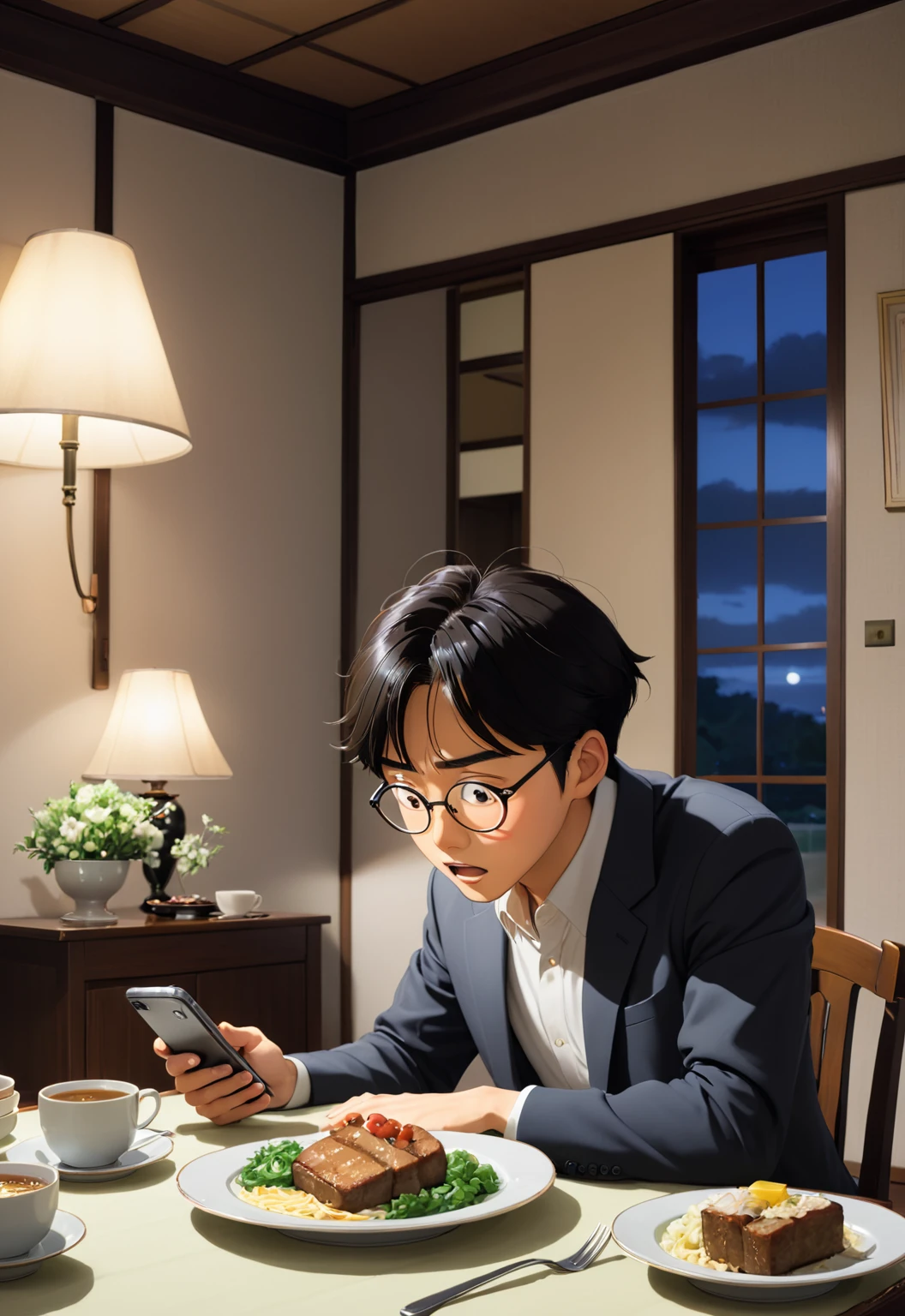 /imagine prompt: A man excitedly announces his marriage news on his phone screen, surrounded by the dim lights of the dinner table and an empty living room, by Hayao Miyazaki --niji 5  