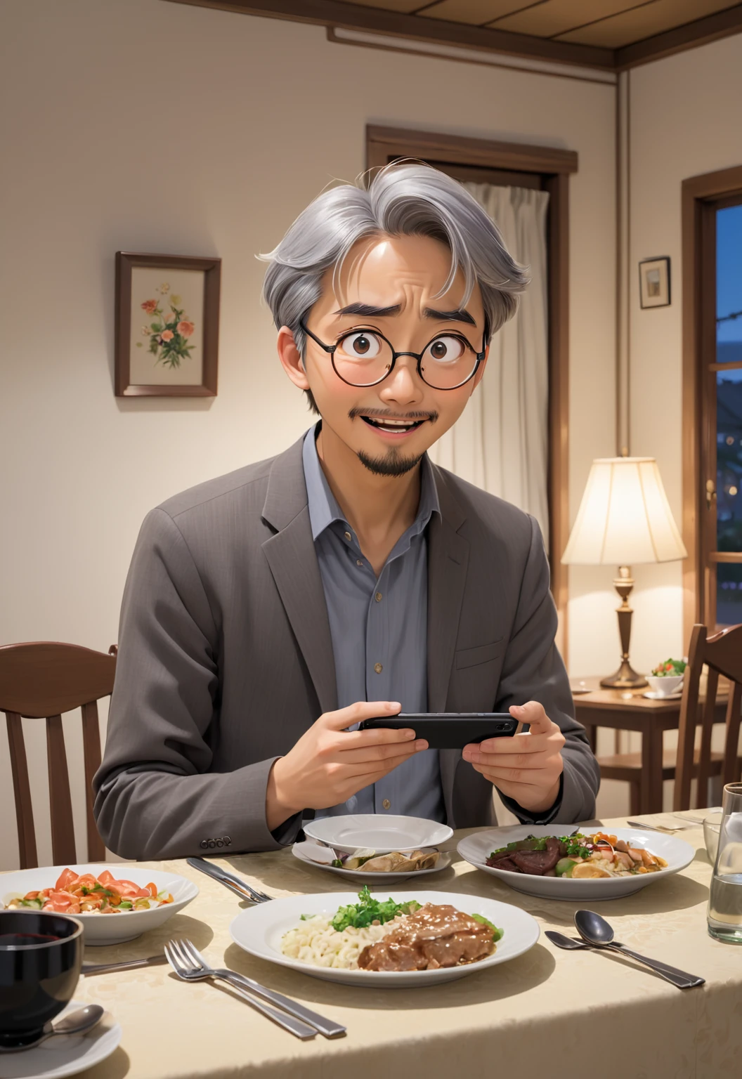 /imagine prompt: A man excitedly announces his marriage news on his phone screen, surrounded by the dim lights of the dinner table and an empty living room, by Hayao Miyazaki --niji 5