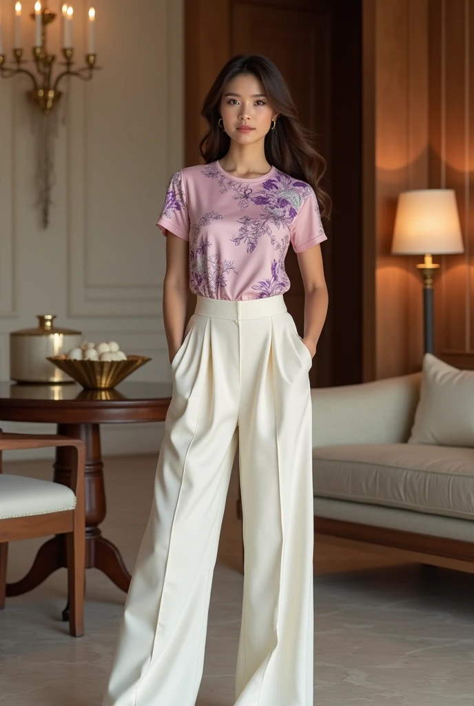 Female model. Modern style. Wearing a light pink short-sleeved round-neck T-shirt with Vietnamese ethnic brocade patterns in purple, white, and lotus pink. The shirt body is solid-colored with 2cm sleeves. Wide-leg, cream-colored A-line pants, side pockets. The setting is in a luxurious wooden interior room. Cream-colored walls. Table, chairs, lamps


